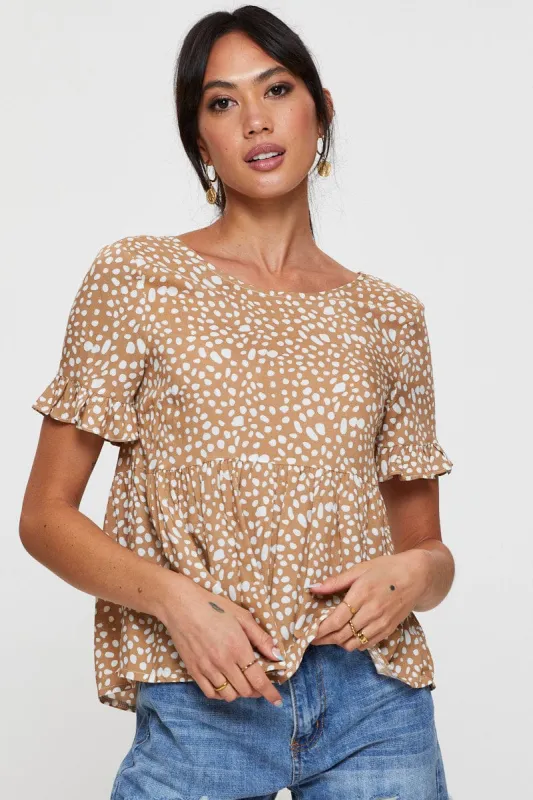 Geo Print Ruffle Top Short Sleeve sold by Ally Fashion
