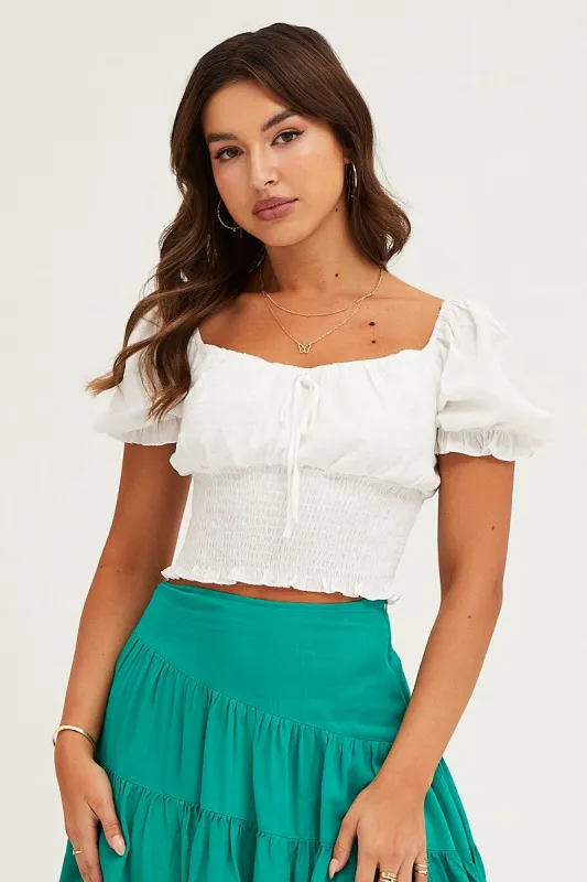 White Crop Top Short Sleeve Shirred Waist sold by Ally Fashion