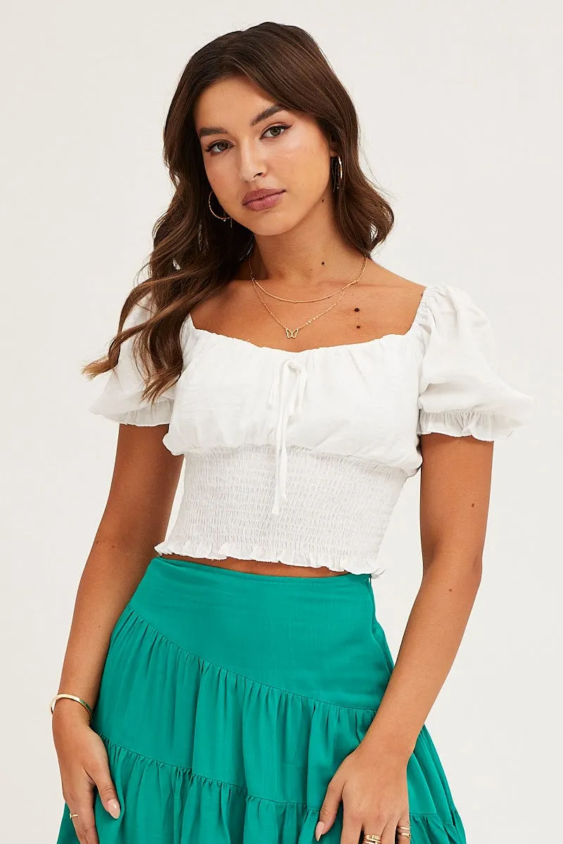 White Crop Top Short Sleeve Shirred Waist sold by Ally Fashion product image thumbnail 3