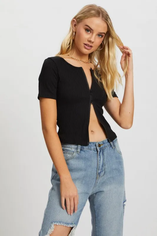 Black Two Way Zip Short Sleeve Top sold by Ally Fashion