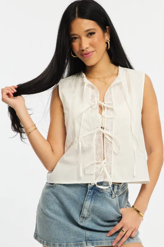 White Embrodiery Tie Up Vest sold by Ally Fashion