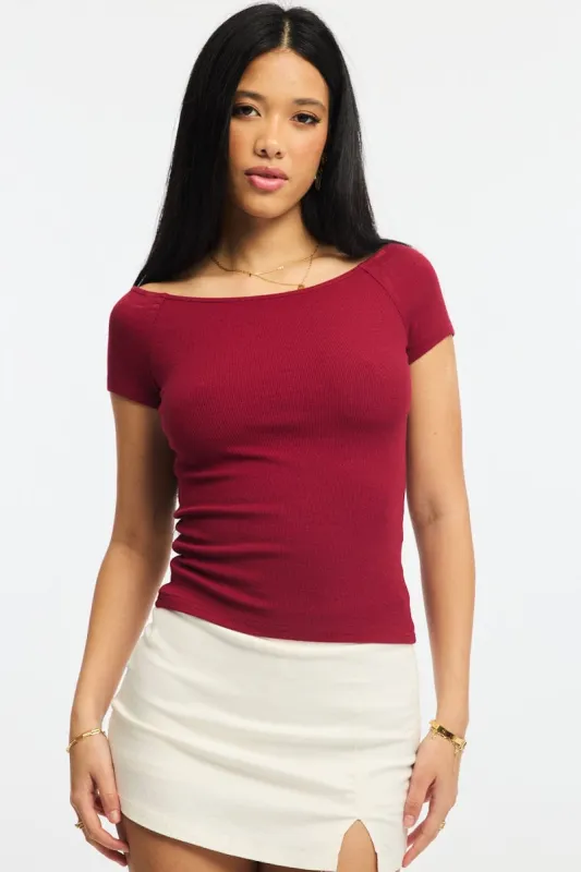 Red Off Shoulder Top Rib sold by Ally Fashion