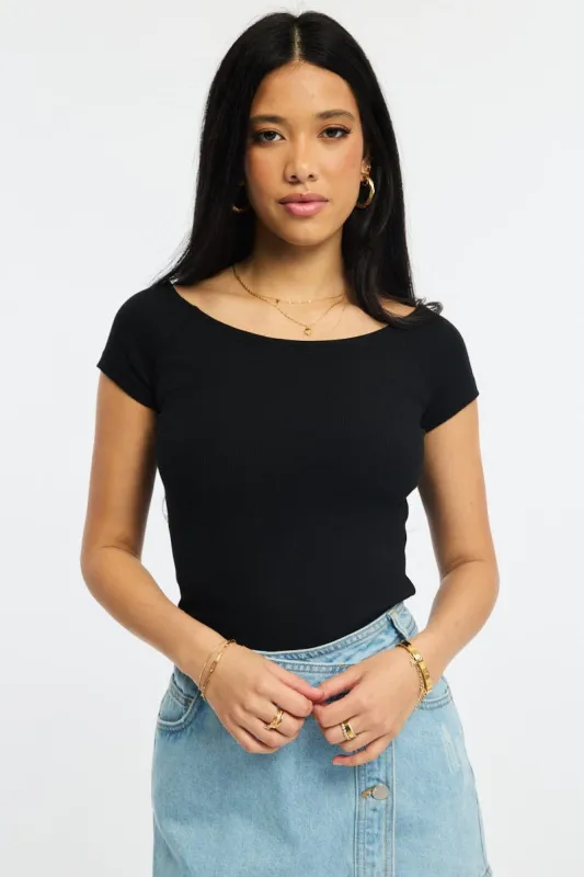 Black Off Shoulder Top Rib sold by Ally Fashion