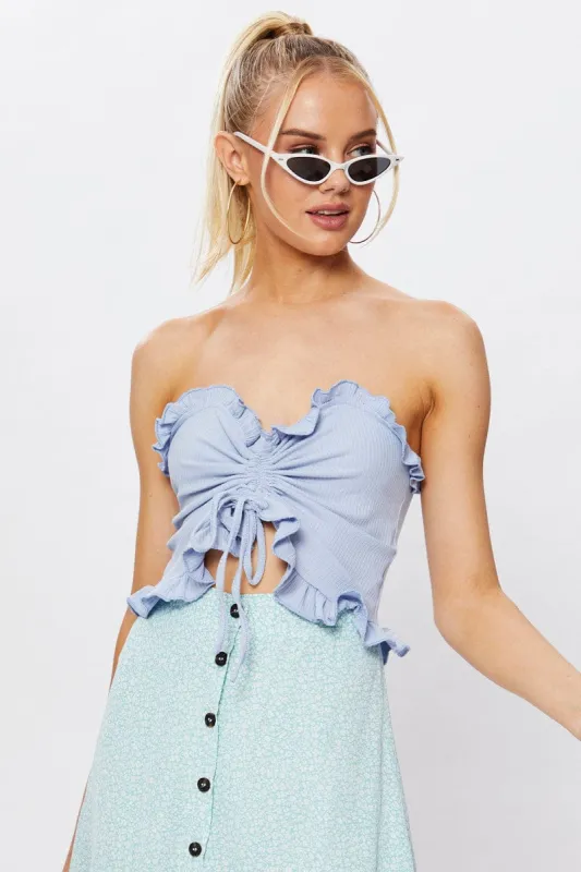 Blue Rib Jersey Ruche Front Bandeau Top sold by Ally Fashion