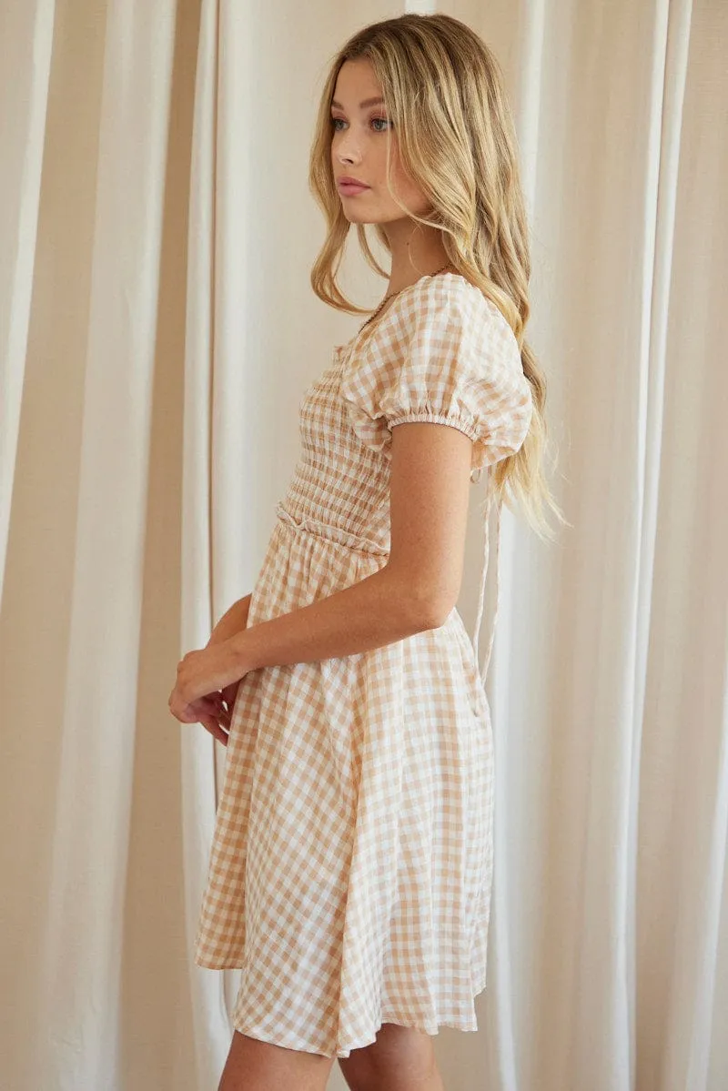 Beige Check Mini Dress Short Sleeve Square Neck sold by Ally Fashion product image thumbnail 4