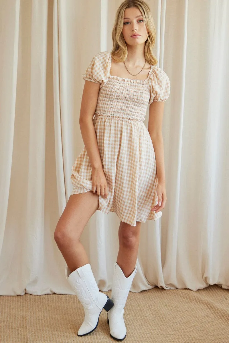 Beige Check Mini Dress Short Sleeve Square Neck sold by Ally Fashion product image thumbnail 2