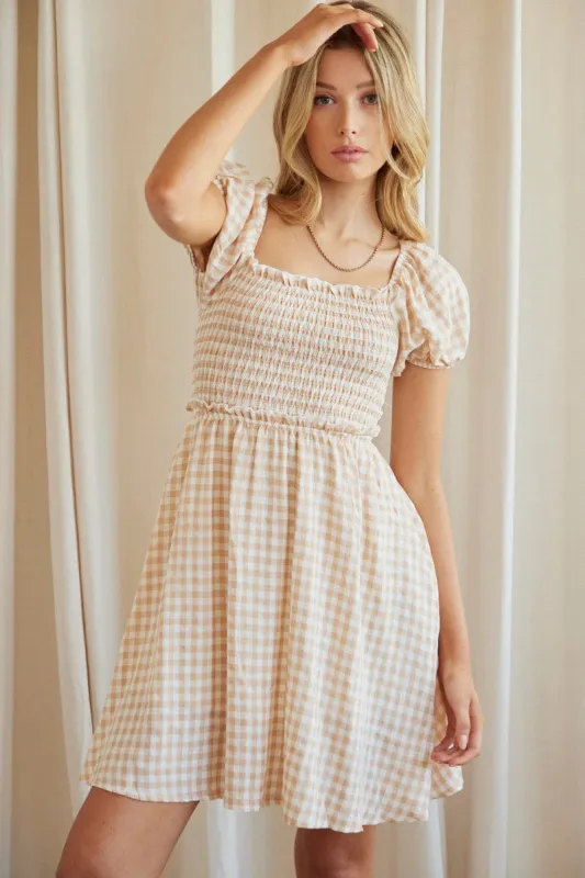 Beige Check Mini Dress Short Sleeve Square Neck sold by Ally Fashion