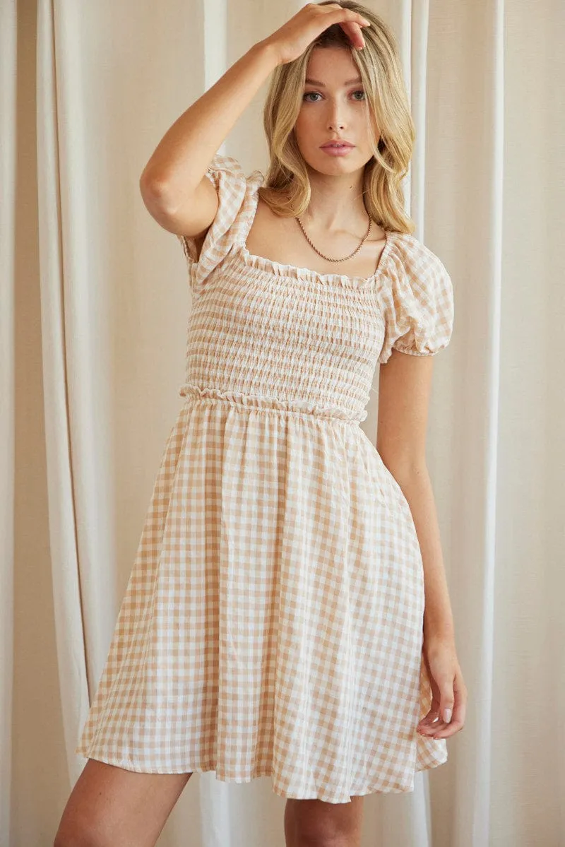 Beige Check Mini Dress Short Sleeve Square Neck sold by Ally Fashion