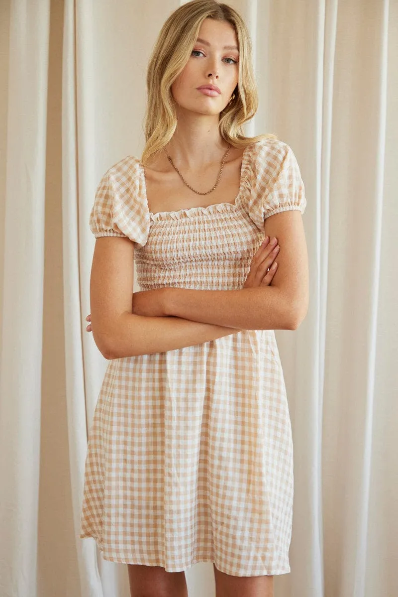 Beige Check Mini Dress Short Sleeve Square Neck sold by Ally Fashion product image thumbnail 3