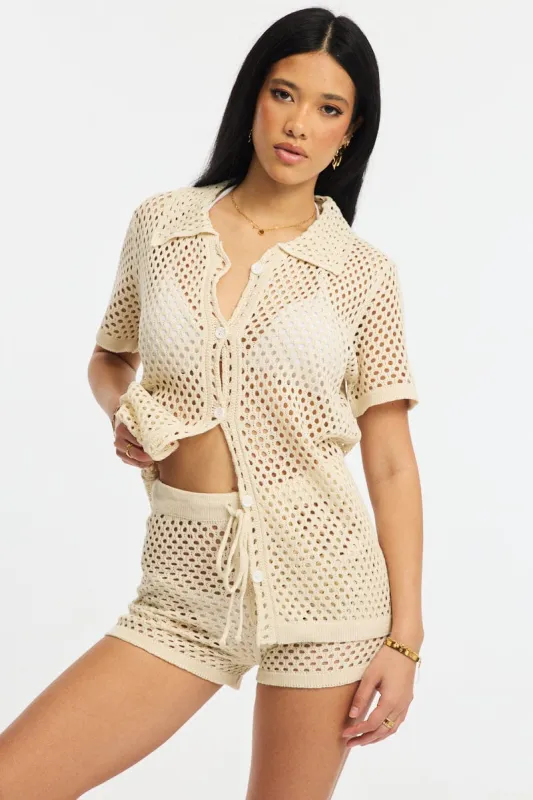 Beige Beach Cover Up Set Shirt And Shorts sold by Ally Fashion