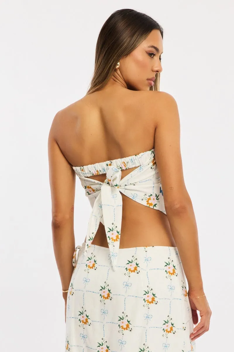 White Floral Scarf Top Sleeveless Bandeau Linen Blend Ric Rac sold by Ally Fashion product image thumbnail 4