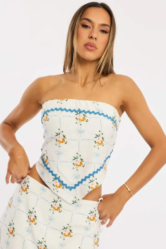 White Floral Scarf Top Sleeveless Bandeau Linen Blend Ric Rac sold by Ally Fashion