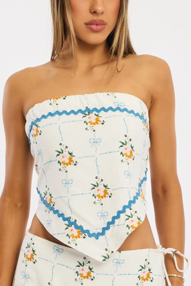 White Floral Scarf Top Sleeveless Bandeau Linen Blend Ric Rac sold by Ally Fashion product image thumbnail 5