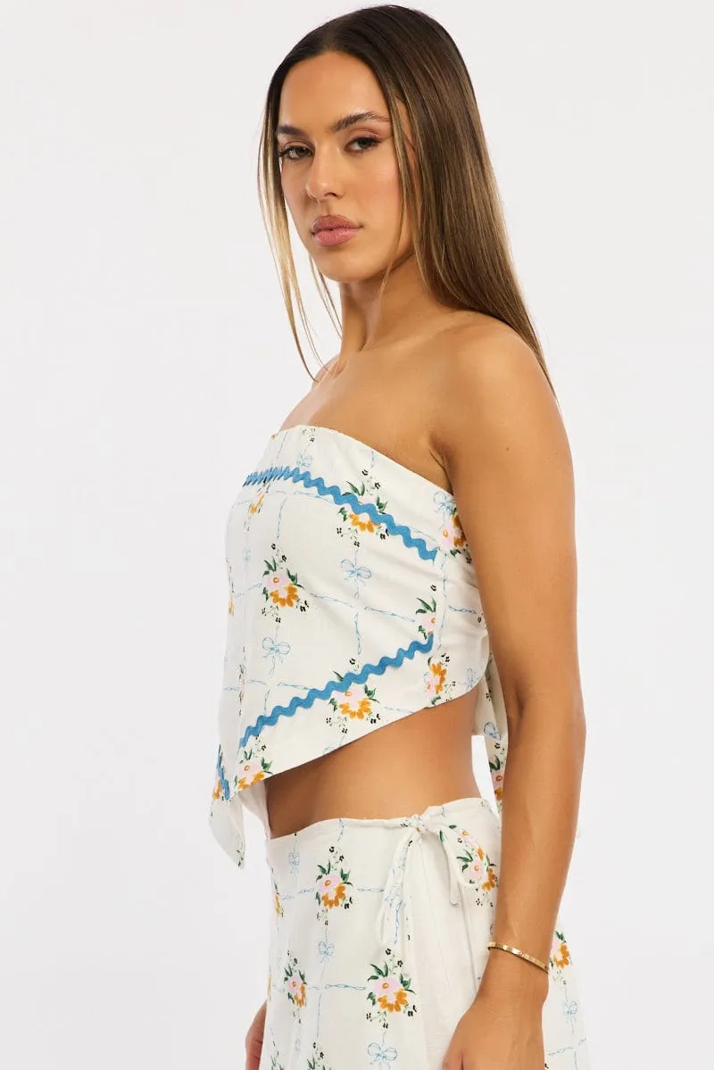 White Floral Scarf Top Sleeveless Bandeau Linen Blend Ric Rac sold by Ally Fashion product image thumbnail 3