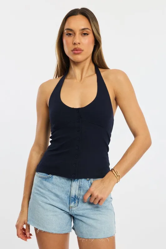 Blue Halter Neck Top Button Front Rib sold by Ally Fashion
