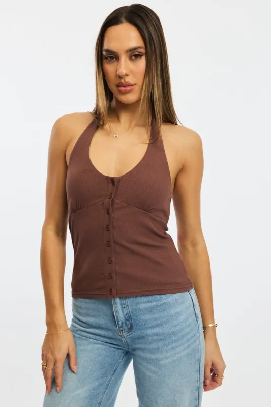 Brown Halter Neck Top Button Front Rib sold by Ally Fashion