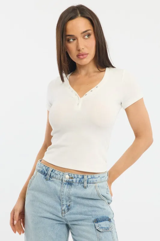 White Henley Top Short Sleeve sold by Ally Fashion
