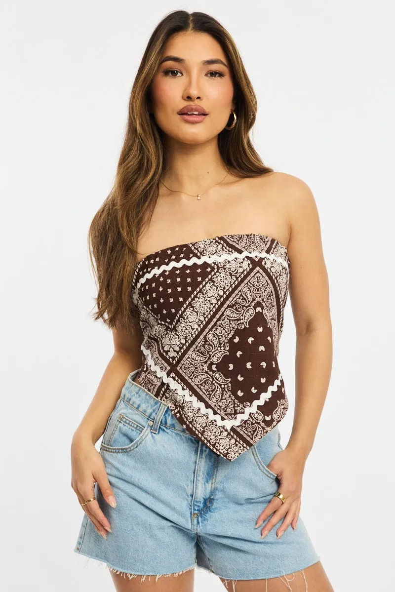 Brown Paisley Scarf Top Sleeveless Bandeau Linen Blend Ric Rac sold by Ally Fashion