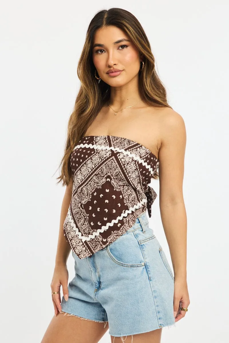 Brown Paisley Scarf Top Sleeveless Bandeau Linen Blend Ric Rac sold by Ally Fashion product image thumbnail 3