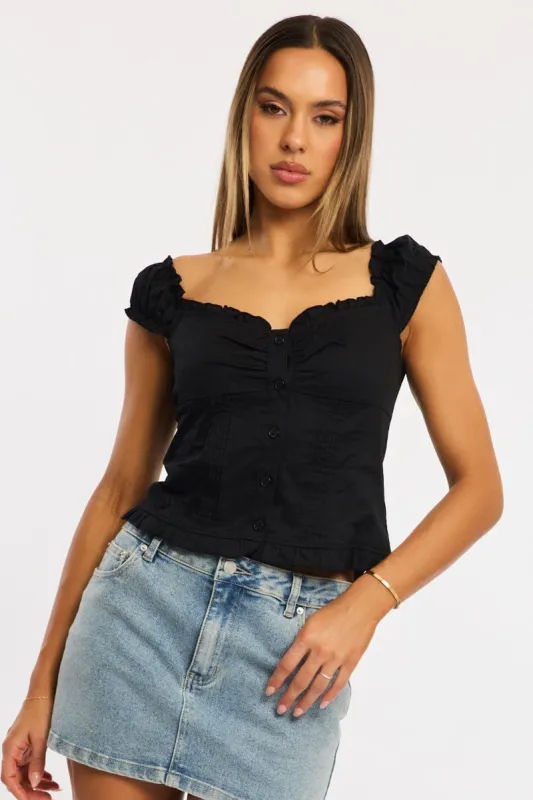 Black Top Short Sleeve Gathered Bust Pleated Detail sold by Ally Fashion