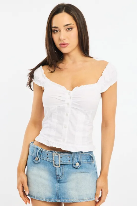 White Top Short Sleeve Gathered Bust Pleated Detail sold by Ally Fashion