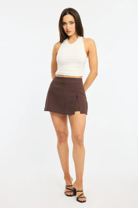Brown Mini Skort Mid Rise Tailored Lined sold by Ally Fashion