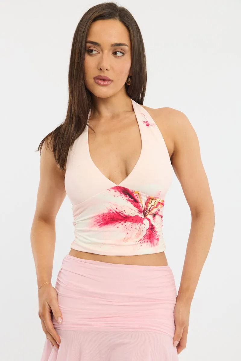 Pink Floral Halter Neck Top sold by Ally Fashion