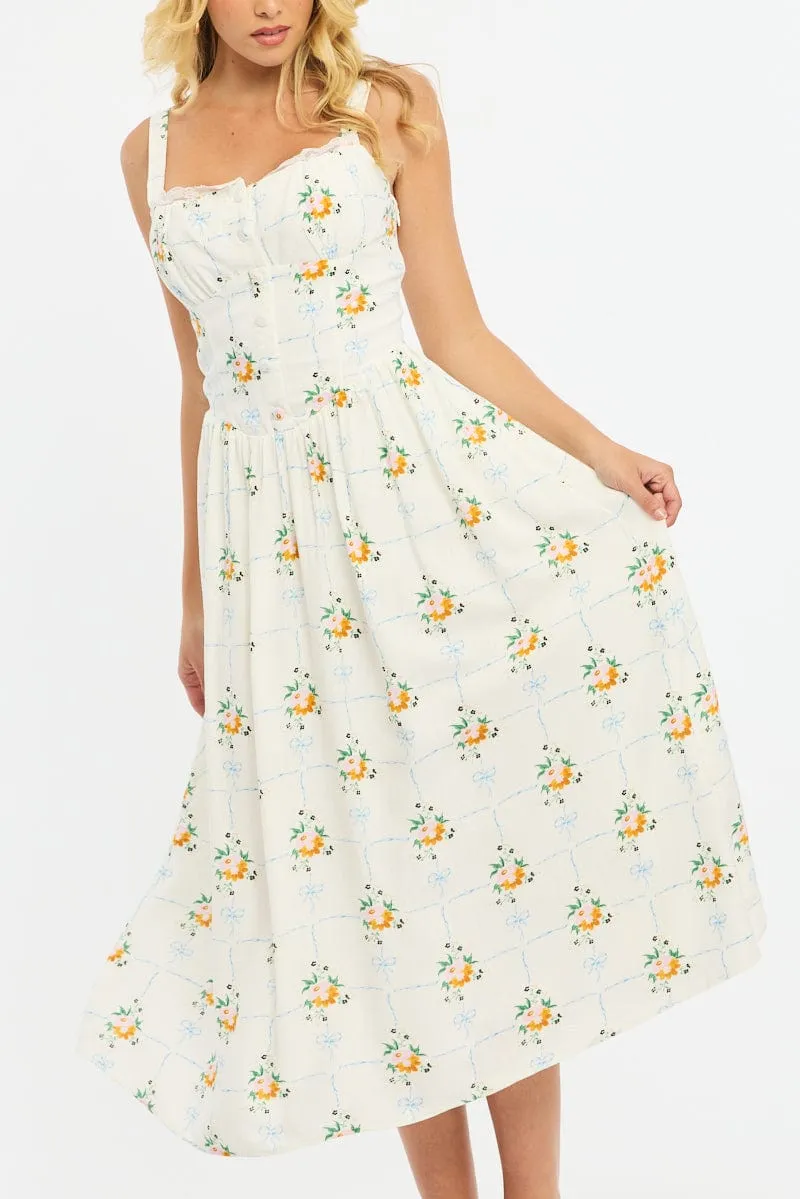 White Floral Midi Dress Gathered Bust Lace Trim sold by Ally Fashion product image thumbnail 5