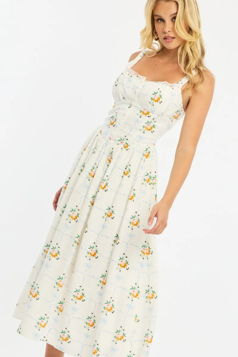White Floral Midi Dress Gathered Bust Lace Trim sold by Ally Fashion product image thumbnail 2