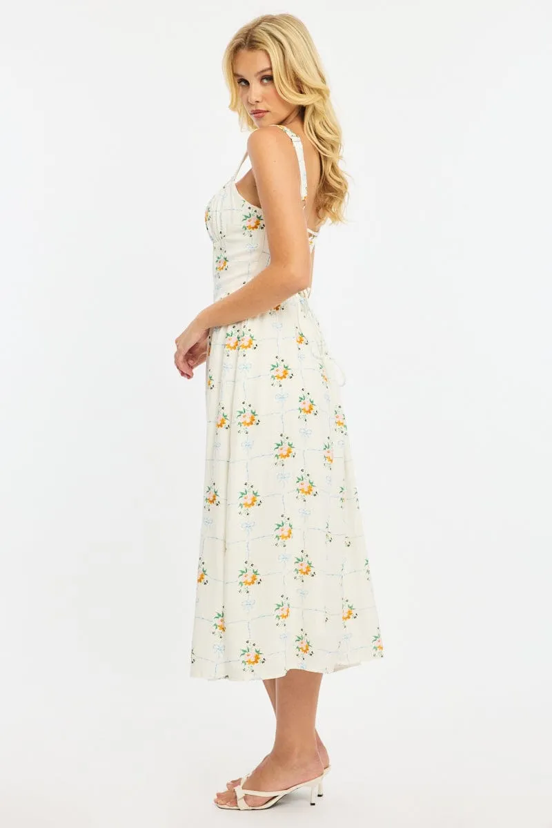 White Floral Midi Dress Gathered Bust Lace Trim sold by Ally Fashion product image thumbnail 3