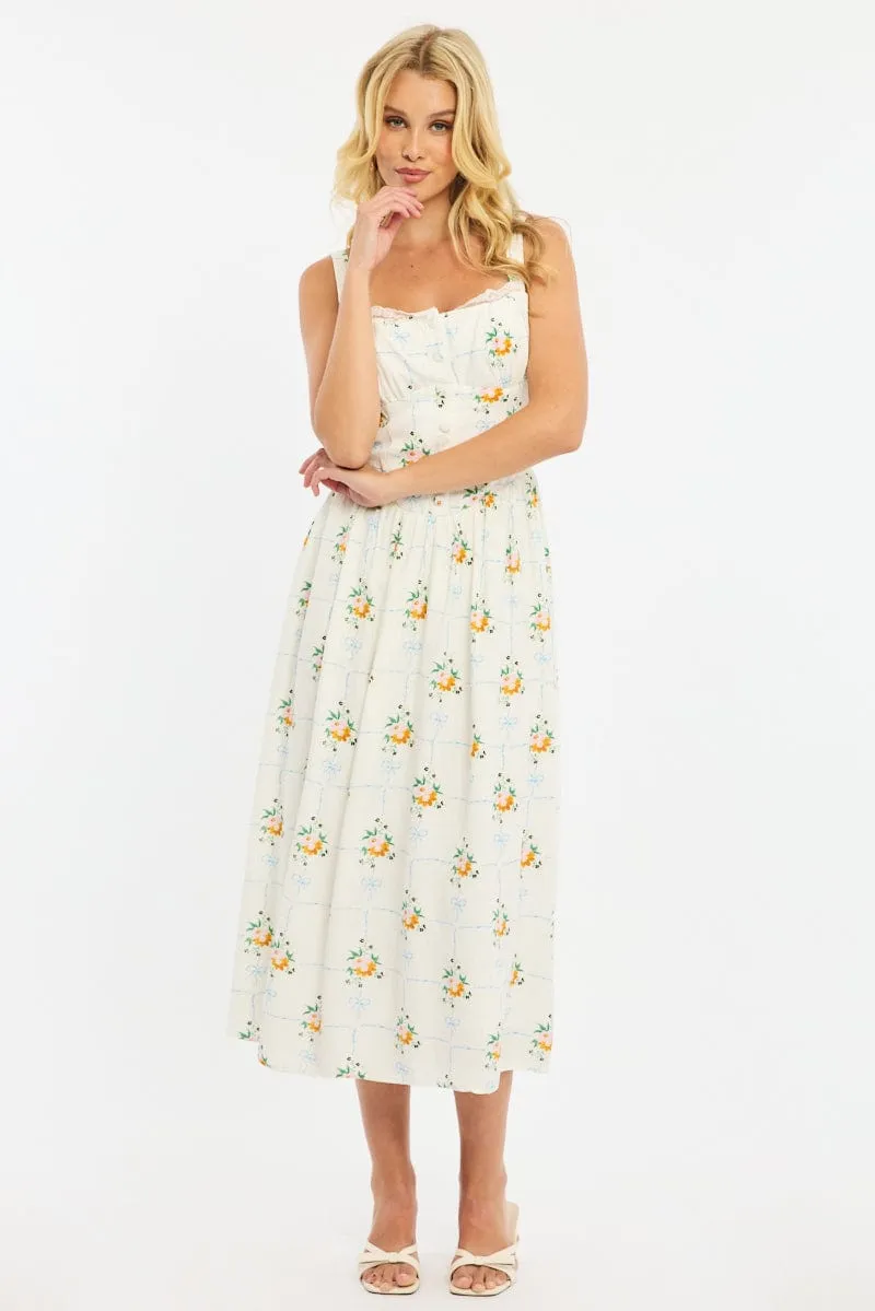 White Floral Midi Dress Gathered Bust Lace Trim sold by Ally Fashion