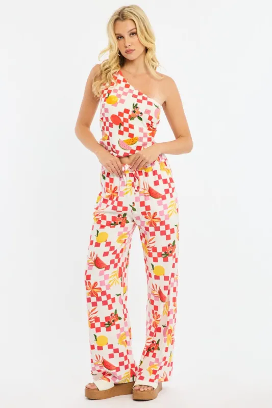 Red Abstract Wide Leg Pants Elasticated Waist sold by Ally Fashion