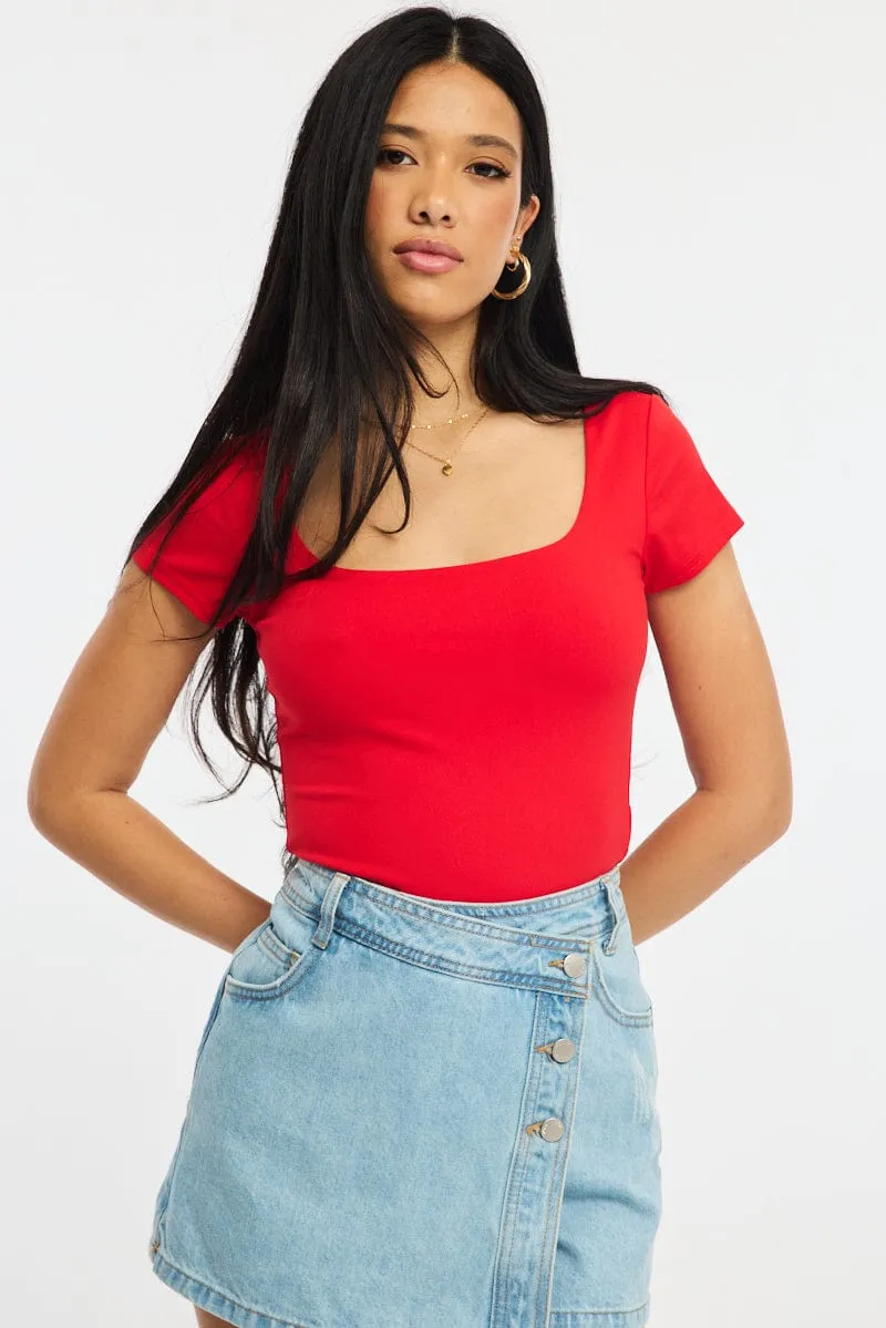 Red Supersoft Top Square Neck Short Sleeve sold by Ally Fashion