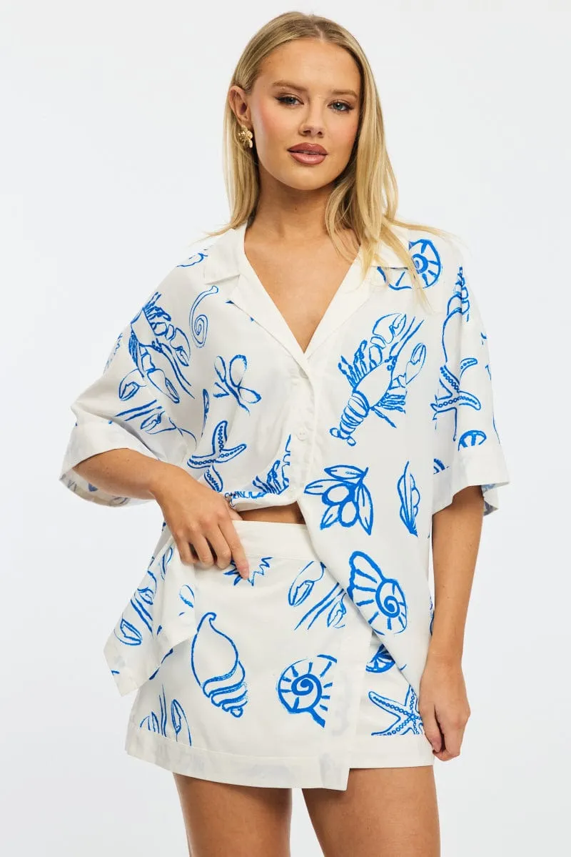 Blue Abstract Bias Lapel Shirt Short Sleeve Relaxed Linen Blend sold by Ally Fashion product image thumbnail 3