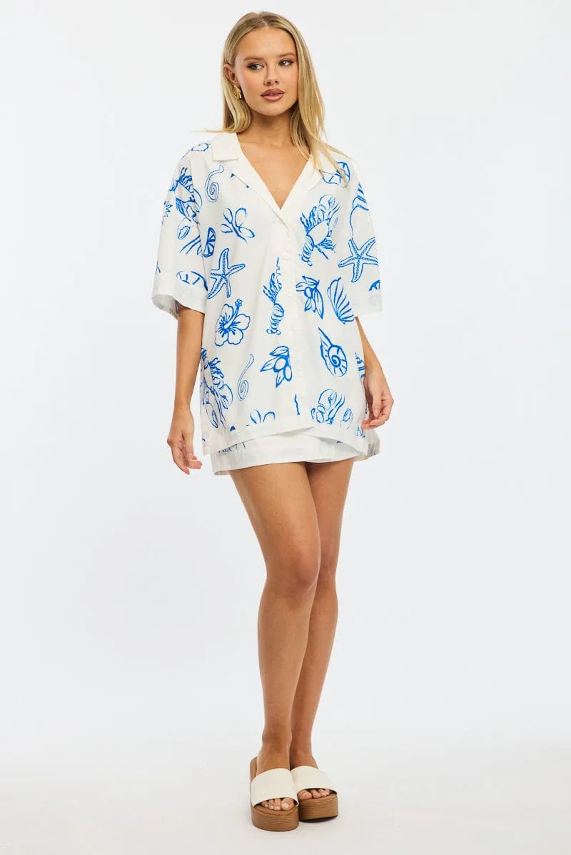 Blue Abstract Bias Lapel Shirt Short Sleeve Relaxed Linen Blend sold by Ally Fashion product image thumbnail 2