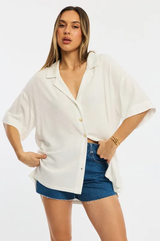 White Relaxed Shirt Short Sleeve Collared Linen Blend sold by Ally Fashion