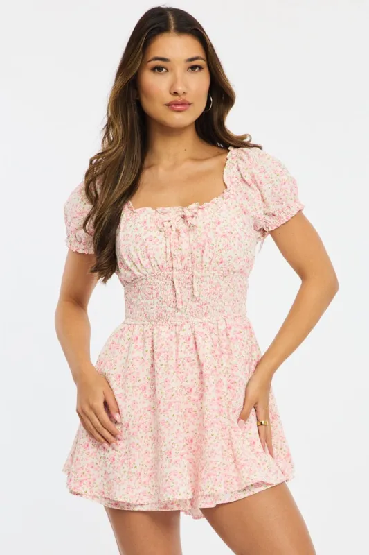 Pink Ditsy Playsuit Puff Sleeve Mini sold by Ally Fashion