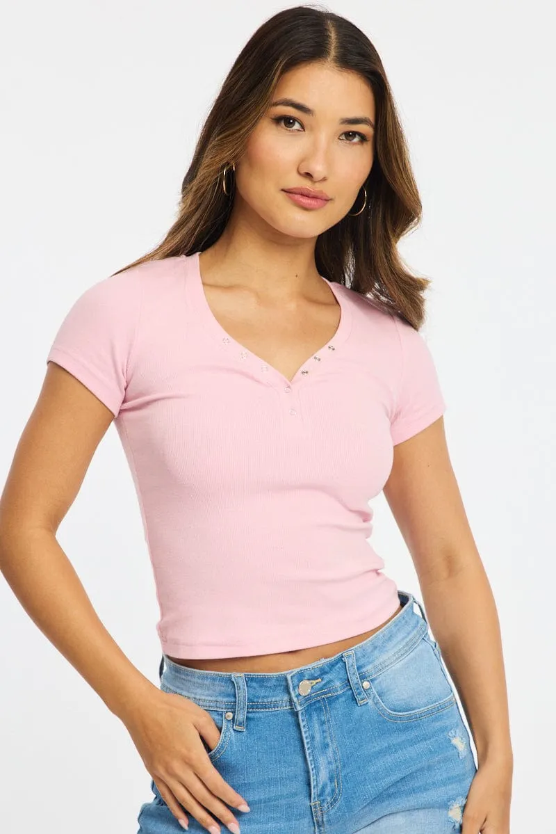 Pink Henley Top Short Sleeve sold by Ally Fashion