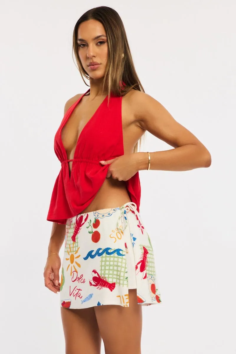 Multi Abstract Mini Skort Skirt Side Tie Shorts Lined Linen Blend sold by Ally Fashion product image thumbnail 3