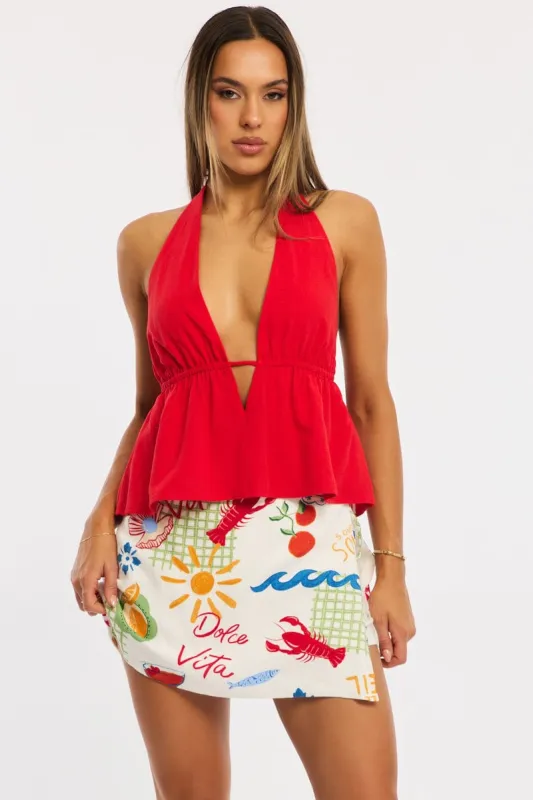 Multi Abstract Mini Skort Skirt Side Tie Shorts Lined Linen Blend sold by Ally Fashion