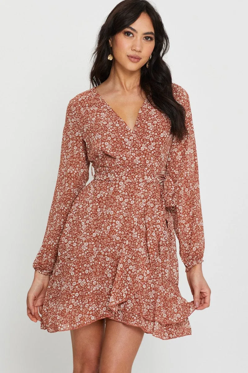 Floral Print Long Sleeve Floral Wrap Front Skater Dress sold by Ally Fashion