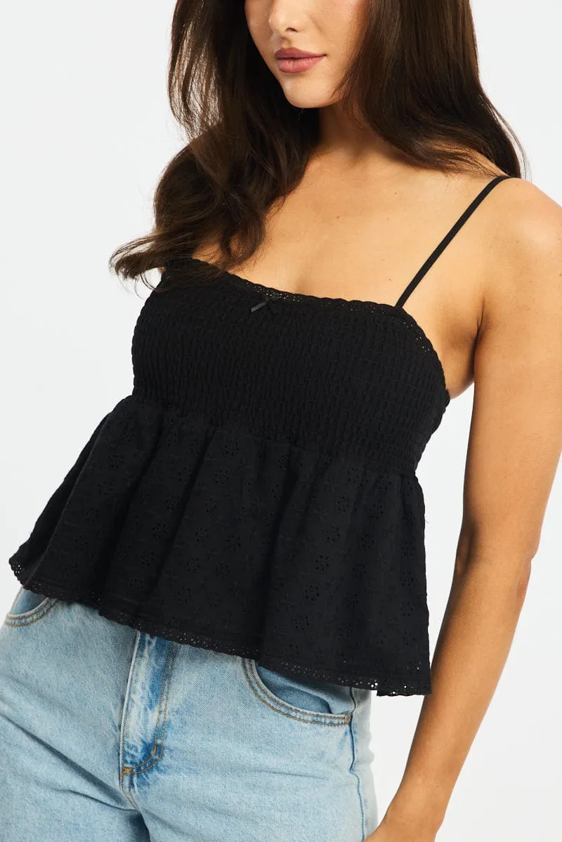 Black Cami Sleeveless Square Neck Shirred Bust Eyelet sold by Ally Fashion product image thumbnail 5