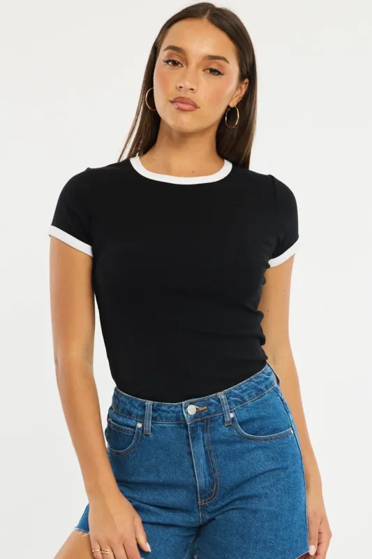 Black Contrast Top Short Sleeve sold by Ally Fashion