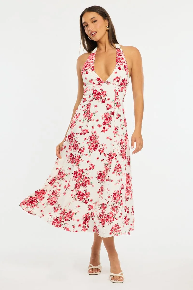 Red Floral Halter Neck Midi Dress sold by Ally Fashion