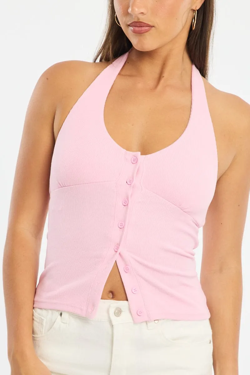 Pink Halter Neck Top Button Front Rib sold by Ally Fashion product image thumbnail 5