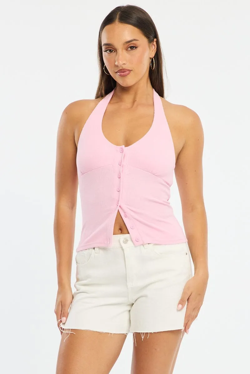 Pink Halter Neck Top Button Front Rib sold by Ally Fashion