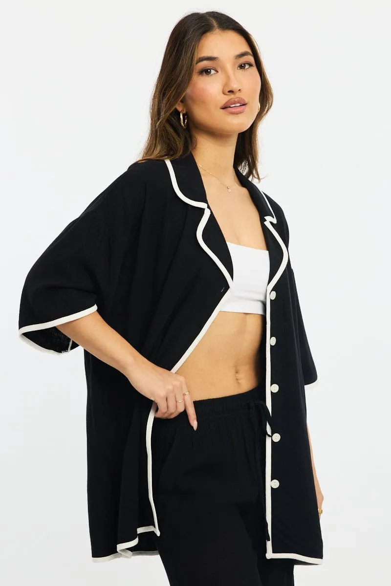 Black Bias Lapel Shirt Short Sleeve Relaxed Linen Blend sold by Ally Fashion product image thumbnail 3