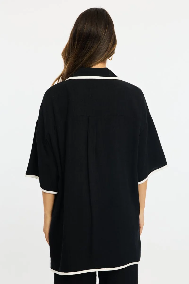 Black Bias Lapel Shirt Short Sleeve Relaxed Linen Blend sold by Ally Fashion product image thumbnail 4