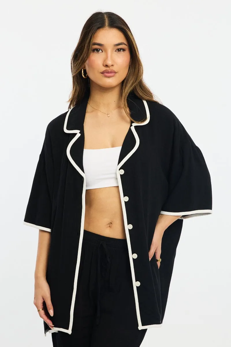 Black Bias Lapel Shirt Short Sleeve Relaxed Linen Blend sold by Ally Fashion