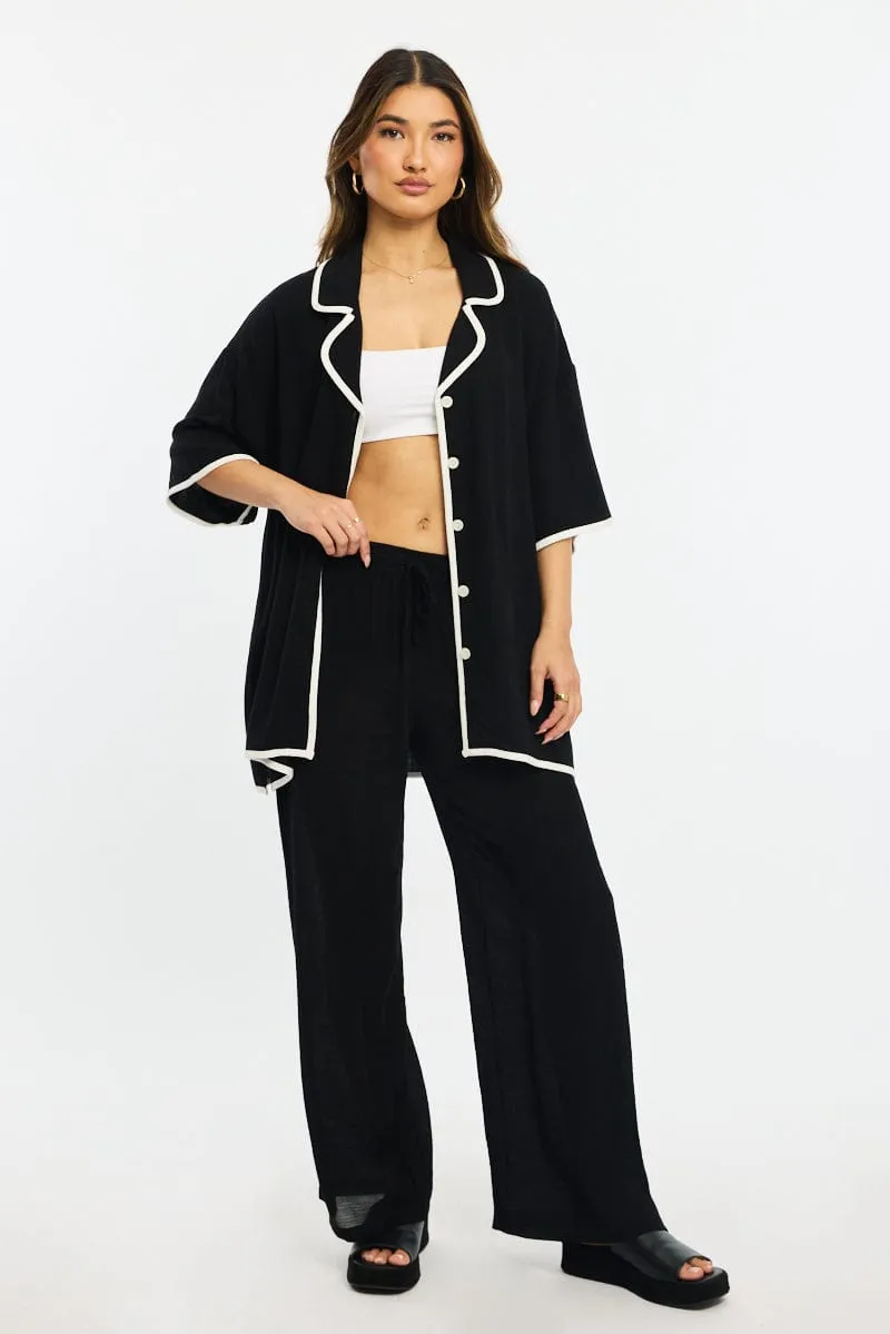 Black Bias Lapel Shirt Short Sleeve Relaxed Linen Blend sold by Ally Fashion product image thumbnail 2